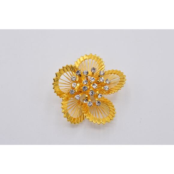 Monet Vintage Flower Pin Brooch Rhinestone Crystal Gold Spinneret Signed Bin5A - Picture 4 of 11